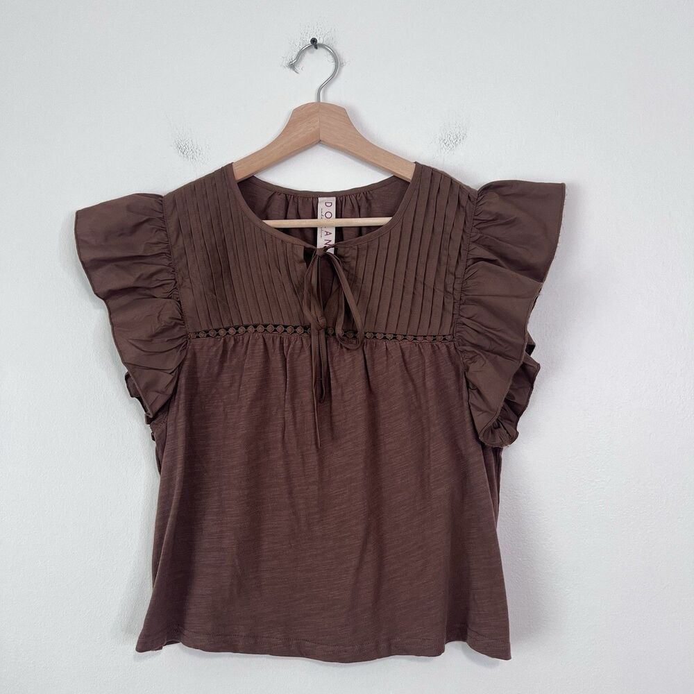 Anthropologie Dolan Brown Flutter Sleeve Pintuck Blouse Boho Cotton Top Size S - Picture 2 of 7